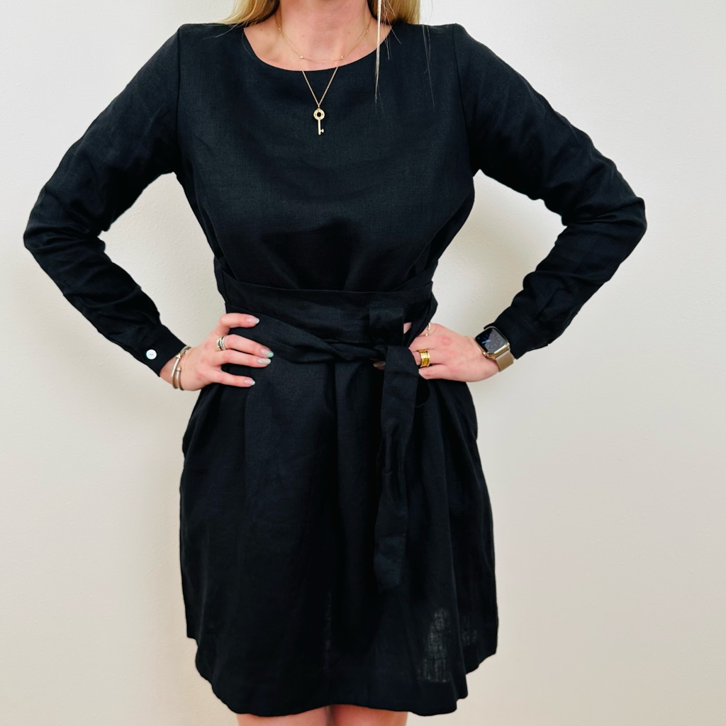 Nich Linen Elegant Black Linen Crew Neck Cuffed Long Sleeves Wrap Mini Dress — image 5 of 8